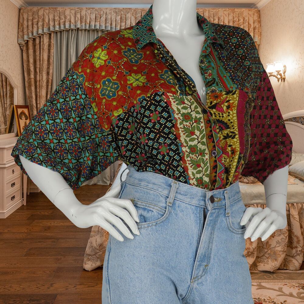 Vintage Kaleidoscope Geometric Blouse XL Vibrant Eclectic